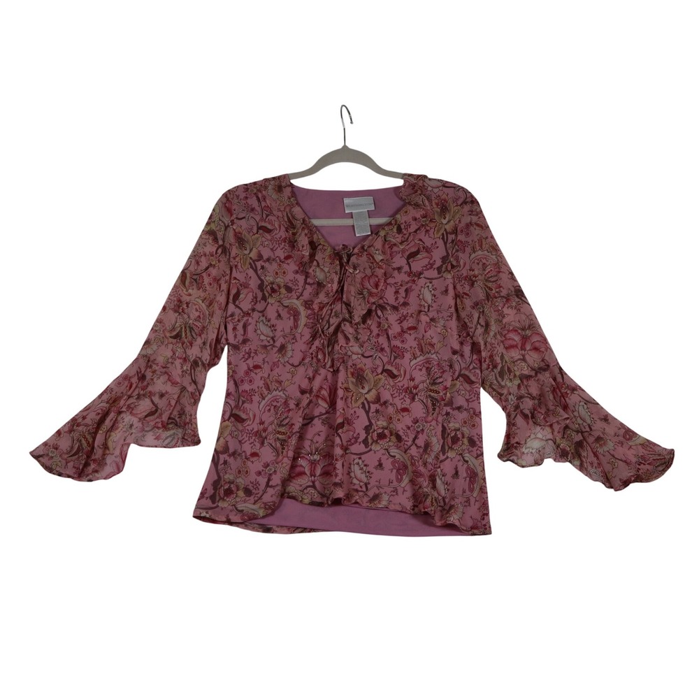 Worthington 100% Silk Blouse Women's Medium Pink Ruffle Floral Business Career